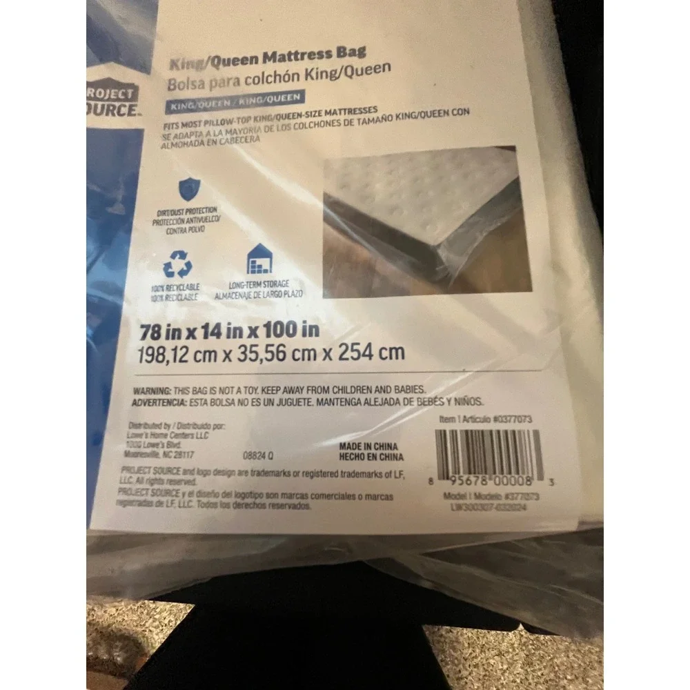 Project Source KingQueen Mattress Bag Moving Storage Cover 78x14x100 0377073 NEW